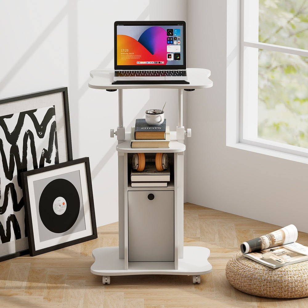 Adjustable mobile standing desk cart in white featuring a height-adjustable tabletop and spacious open shelves for.