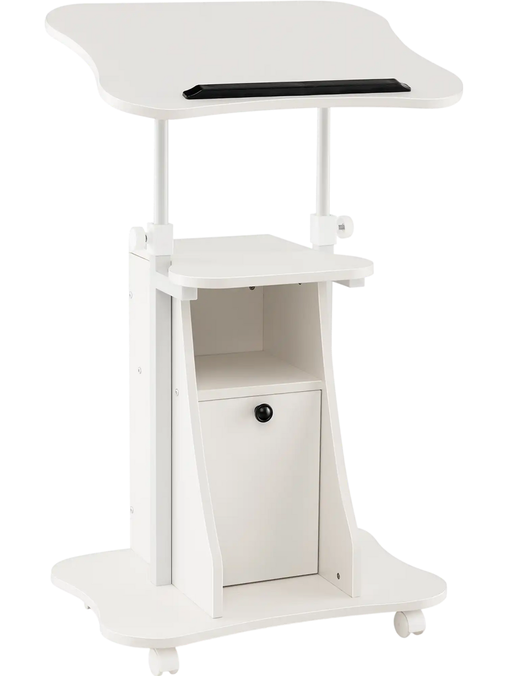 Adjustable mobile standing desk cart in white with tilt desktop, cabinet, and 4 rolling casters for versatile use.