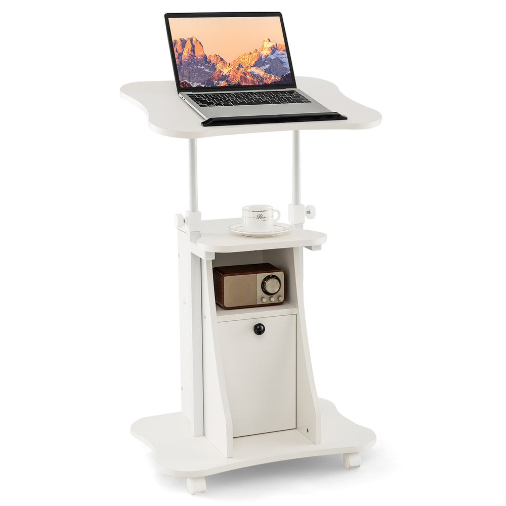 Adjustable mobile standing desk cart in white with tilt tabletop, cabinet, and rolling casters for versatile use.