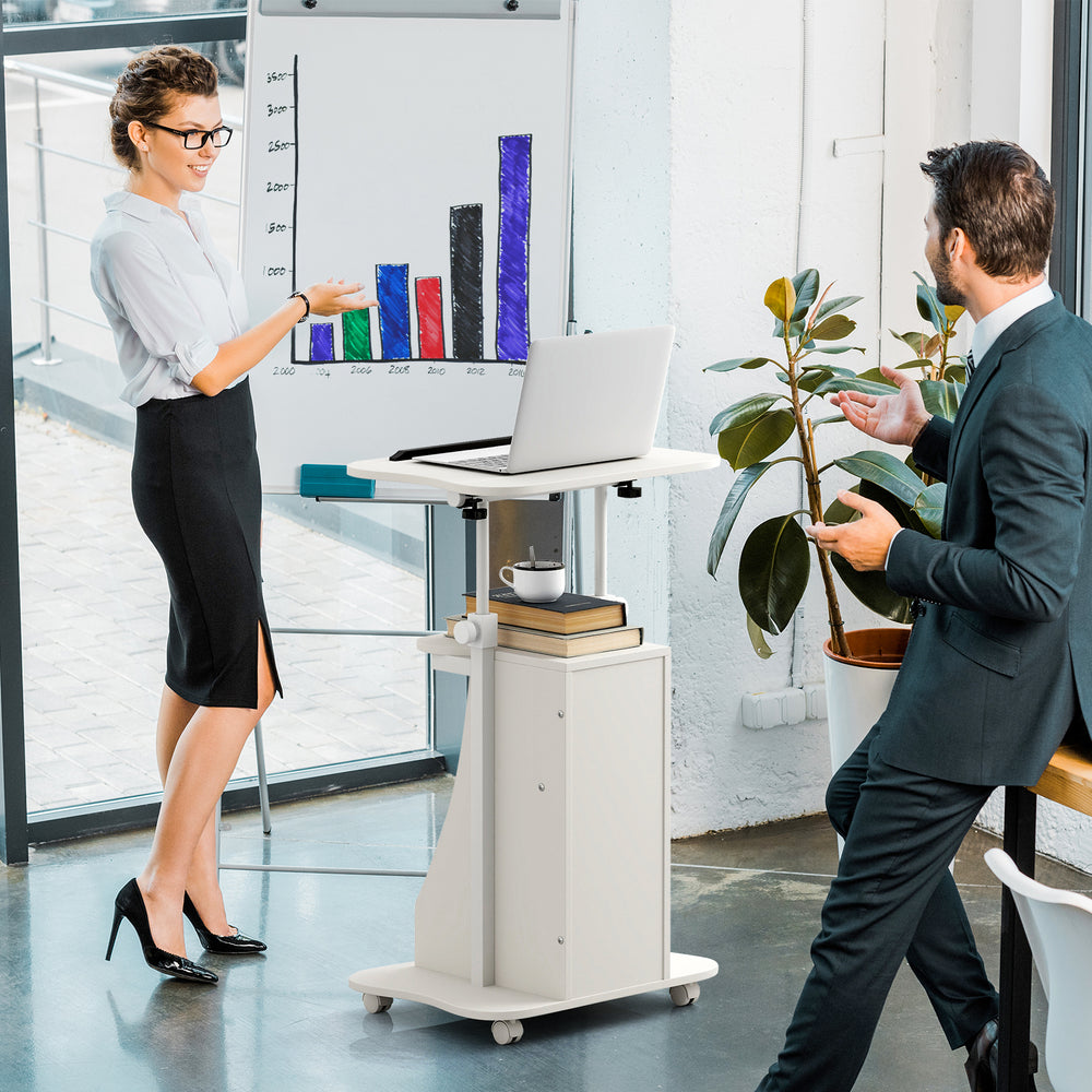 Adjustable mobile standing desk cart in white with tilt desktop, perfect for presentations and flexible workspace use.