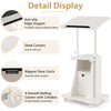 Adjustable mobile standing desk cart in white with tilt desktop, 2-tier shelves, and smooth rolling casters for.