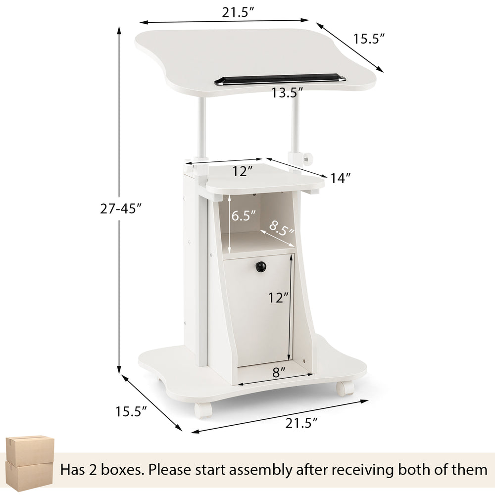 Adjustable mobile standing desk cart in white with tilt desktop, cabinet, and rolling casters for versatile use.