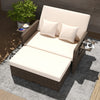 Adjustable outdoor patio loveseat with soft cushions, storage ottoman, and foldable side tables for versatile use.