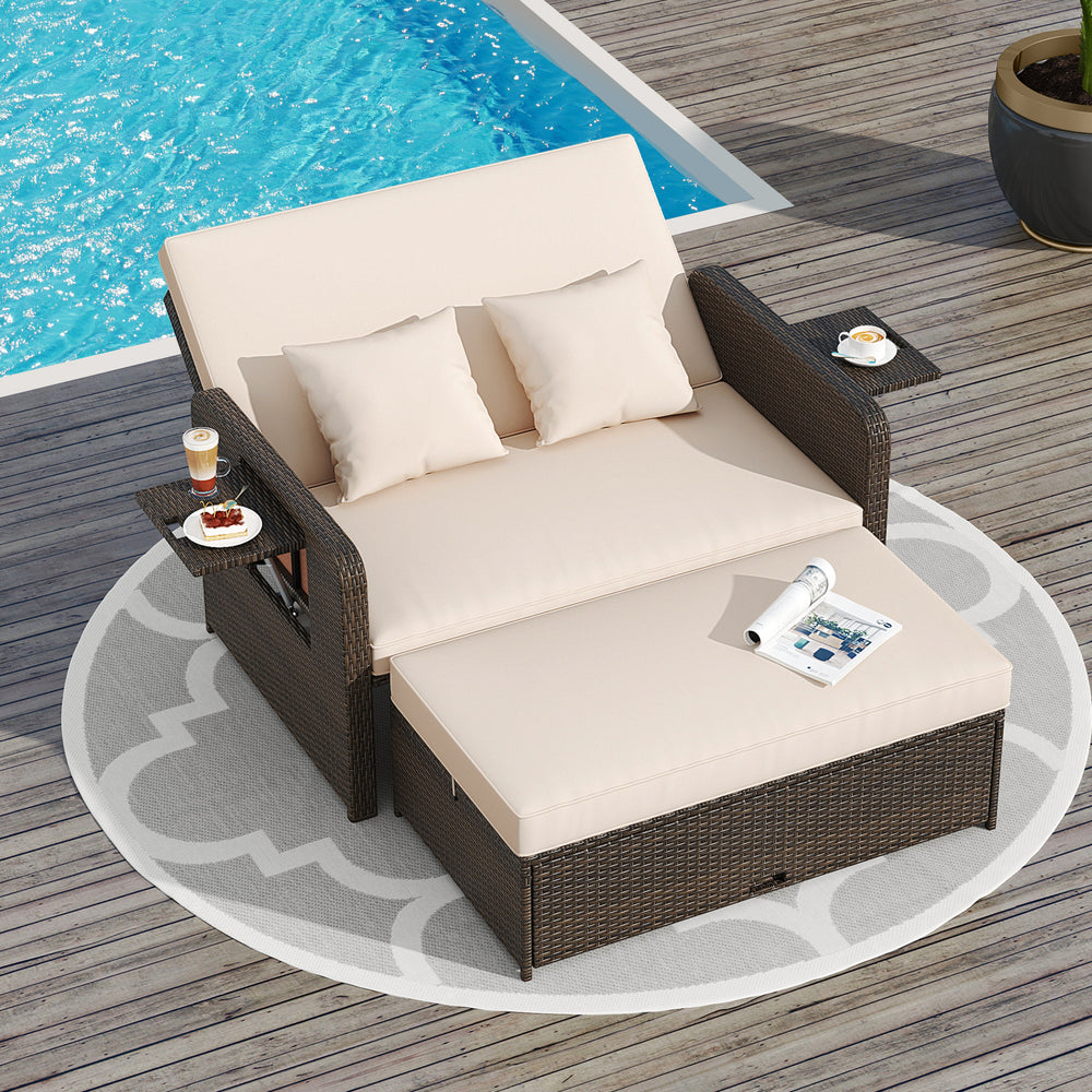 Adjustable outdoor patio loveseat with soft cushions, storage ottoman, and foldable side tables for versatile.