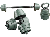 Adjustable weight dumbbell set with connector, featuring foam grip and multiple weight plates for home workouts.