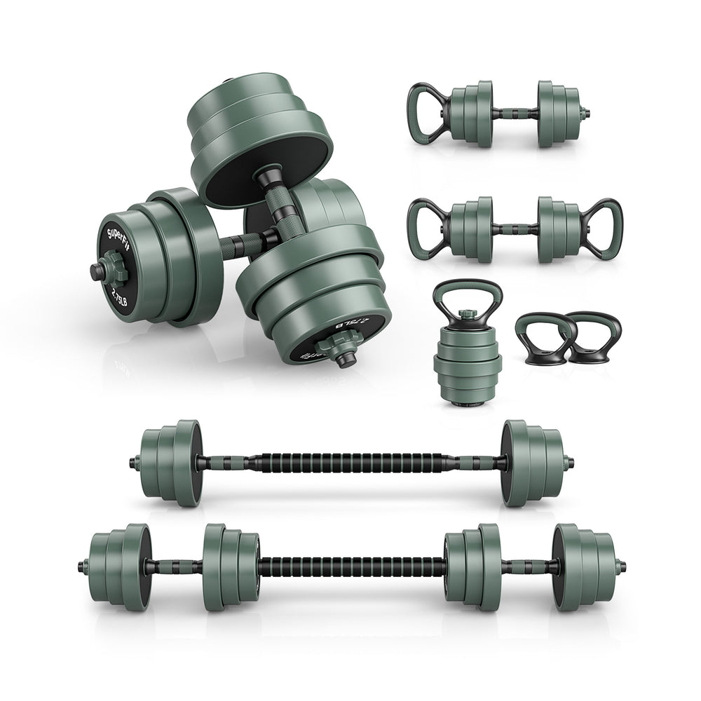 Adjustable weight dumbbell set with connector, featuring foam grips and 12 weight plates for versatile home workouts.