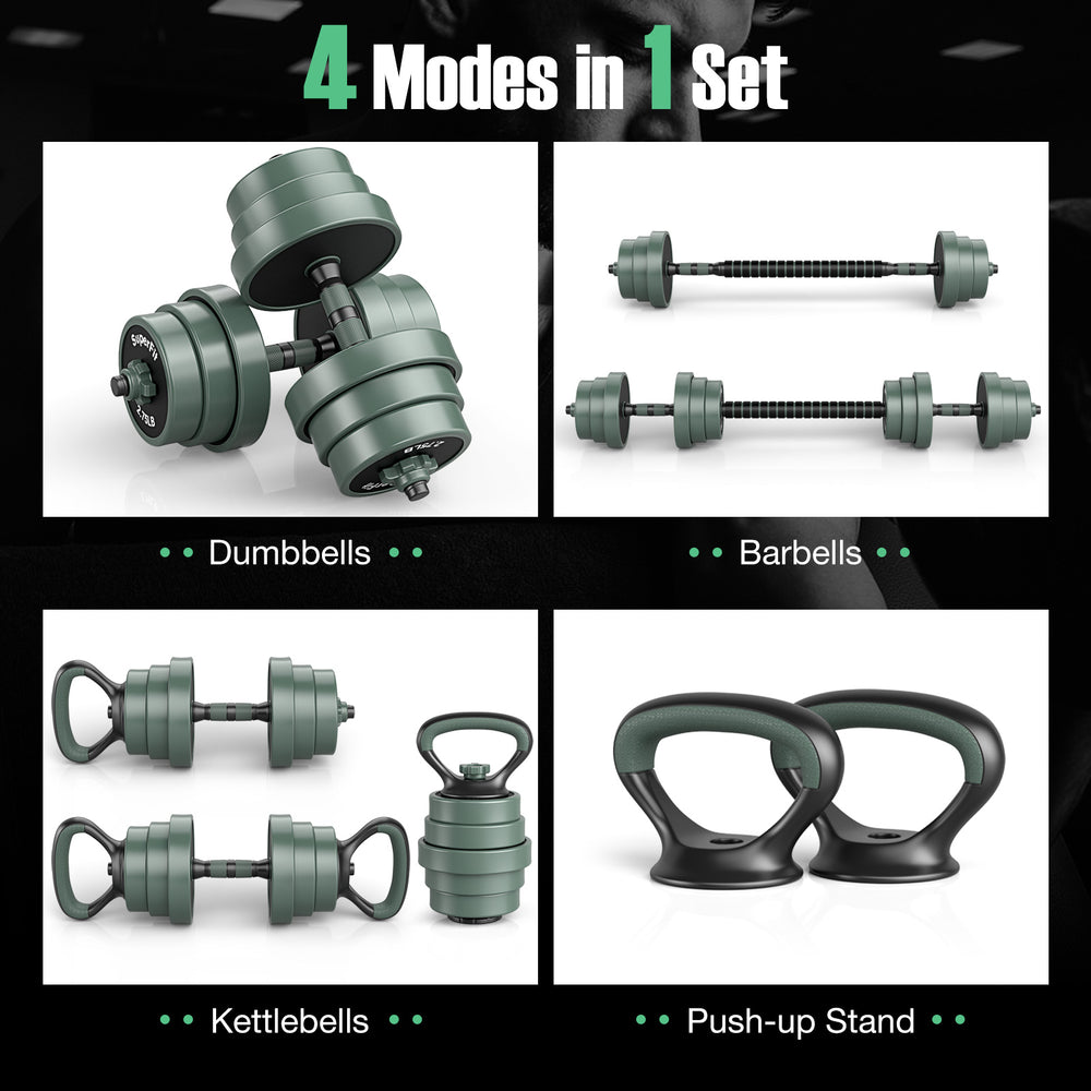 Adjustable weight dumbbell set showcasing dumbbells, kettlebells, and a push-up stand for versatile home workouts.