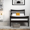 Twin size rustic platform bed frame in dark brown with a minimalist design, featuring sturdy pine wood and a cozy.