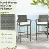 Hand-woven mix gray PE rattan bar chair with armrests and seat cushion, ideal for backyard and porch relaxation.