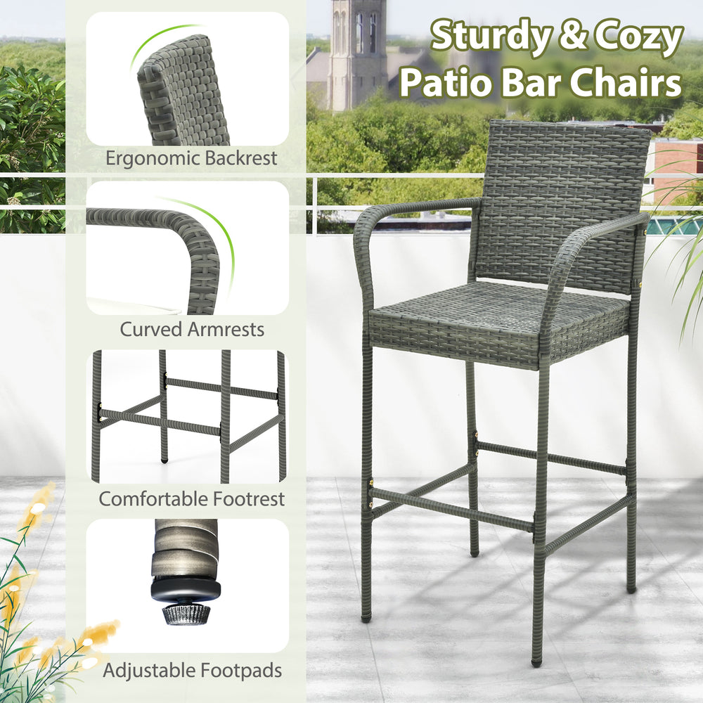 All-weather PE rattan bar chair with armrests and seat cushion, ideal for backyard and poolside relaxation.