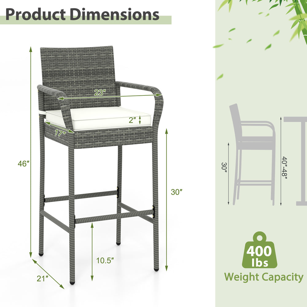 All-weather PE rattan bar chair with armrests, 30" seat height, and cushion for backyard or porch relaxation.