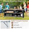 Aluminum portable picnic table with 2-tier shelves, 81" tabletop, and stable triangular structure for outdoor use.