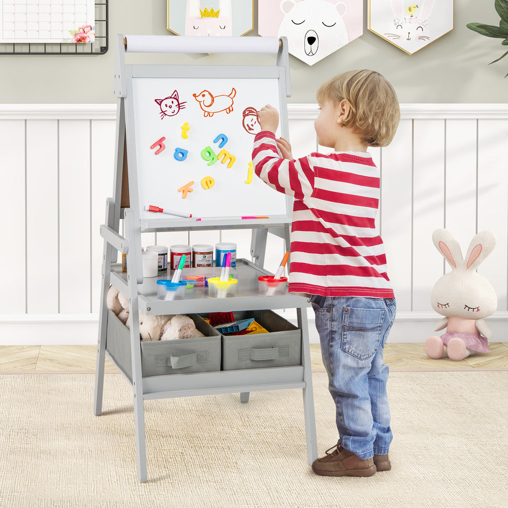 Kids' 3-in-1 art easel in gray with magnetic chalkboard and whiteboard, featuring ample storage for art supplies.