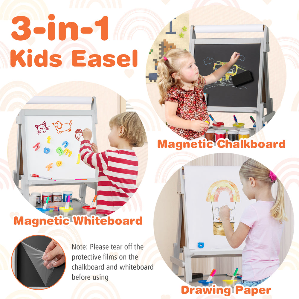 3-in-1 kids easel featuring a magnetic chalkboard and whiteboard, ideal for creative play and art projects.