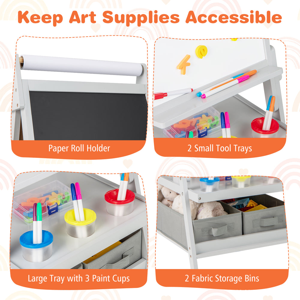3-in-1 art easel featuring a magnetic chalkboard, whiteboard, and ample storage with paint cups and bins for kids'.
