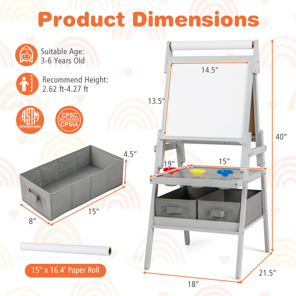 3-in-1 art easel for kids featuring a magnetic chalkboard and whiteboard, with storage bins and paint cups for creative.