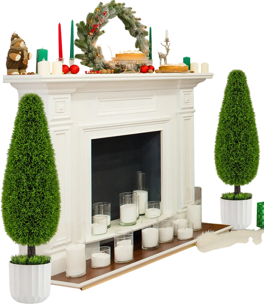 Teardrop-shaped artificial cedar bush in a white nursery pot, featuring lush green leaves for stylish home decor.