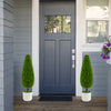 Teardrop-shaped artificial cedar bush in a white nursery pot, perfect for enhancing doorways or office spaces.
