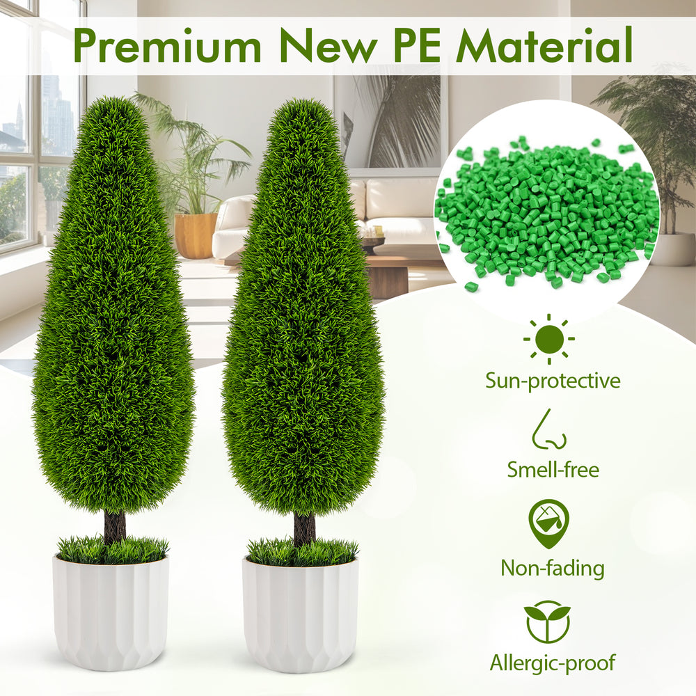 Teardrop-shaped artificial cedar bush in a white nursery pot, made of sun-protective PE material for indoor or outdoor.