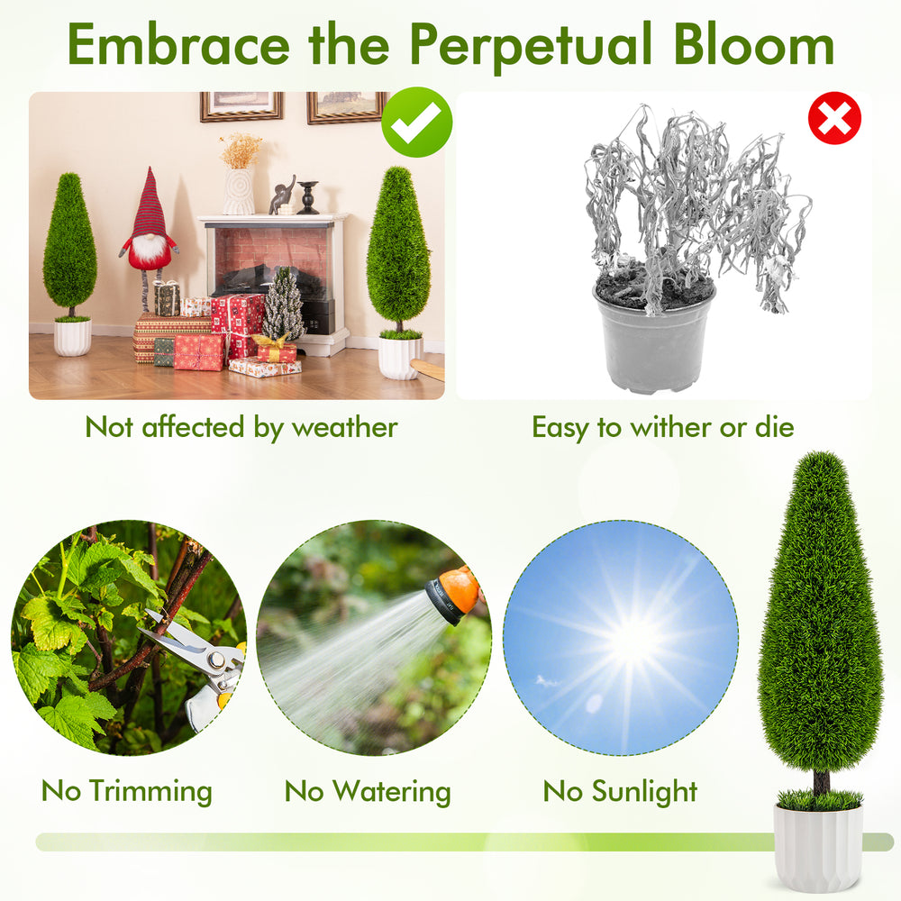 Teardrop-shaped artificial cedar bush in a cement nursery pot, featuring lush green leaves for easy upkeep indoors or.