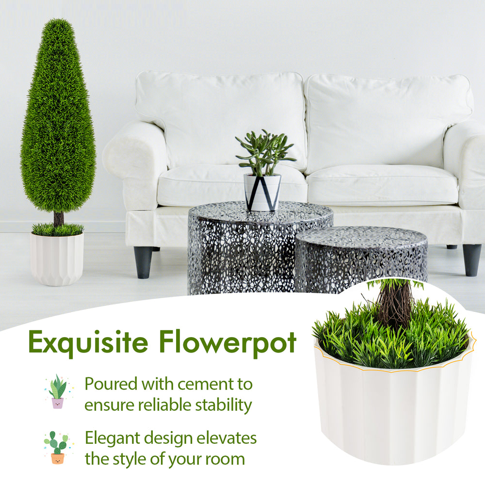 Teardrop-shaped artificial cedar bush in a cement-filled nursery pot, perfect for home or office decor.