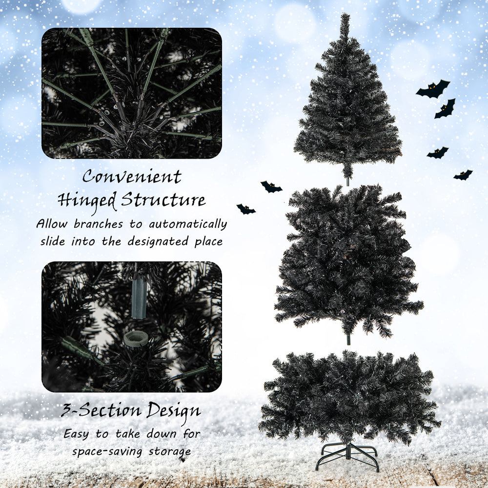 7 ft artificial Christmas tree with black leaves, bendable top section, and pre-strung LED lights for elegant holiday.