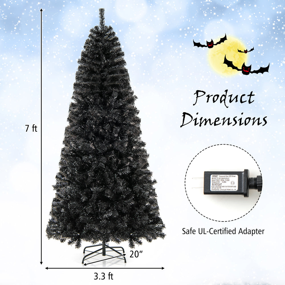 7 ft black artificial Christmas tree with bendable top, 340 LED lights, and sturdy metal base for elegant holiday decor.