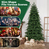 Green artificial Christmas tree with 721 branch tips, slim shape for versatile holiday decor in homes, bars, and stores.