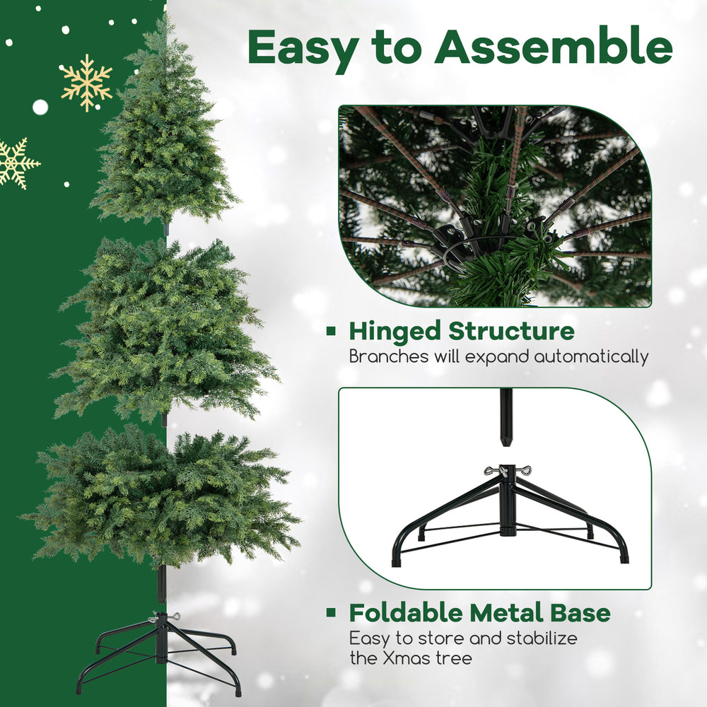 Green hinged artificial Christmas tree with 721 branch tips, featuring a foldable metal base for stability and easy.