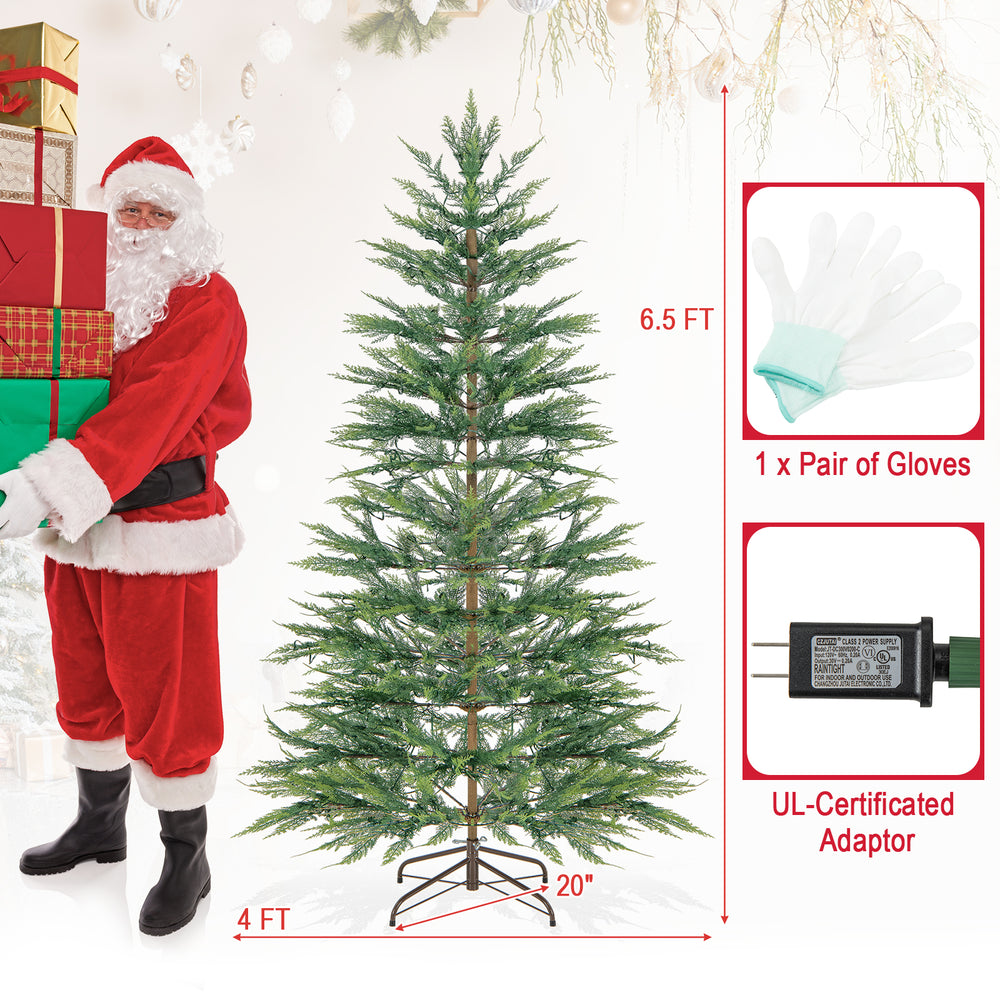 6.5 ft pre-lit artificial cypress Christmas tree with 470 branch tips and warm white lights, perfect for holiday decor.