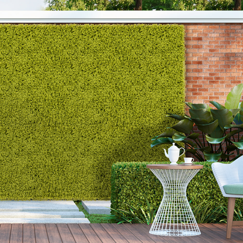 Lush light green artificial grass wall panels, 20 x 20 inches, perfect for garden or balcony privacy and decoration.