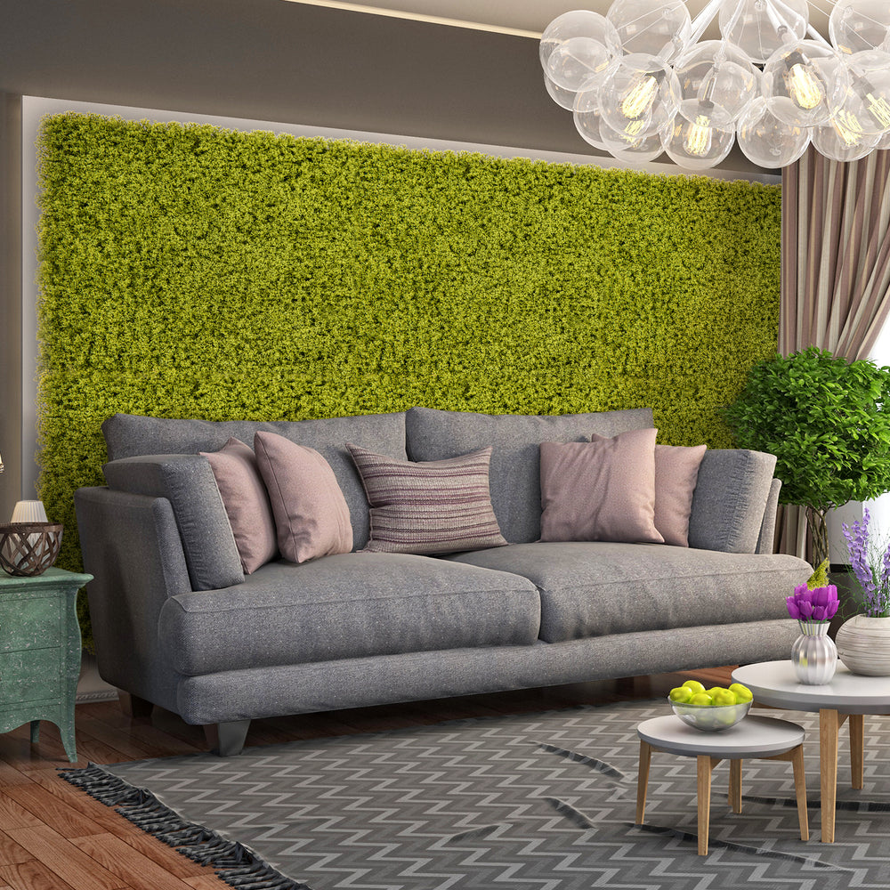 Artificial grass wall panels in light green, ideal for garden or balcony, showcasing lush, dense leaves for privacy.