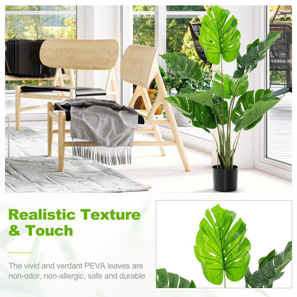 Artificial Monstera Deliciosa tree with vibrant, non-allergic PEVA leaves, designed for easy assembly and.