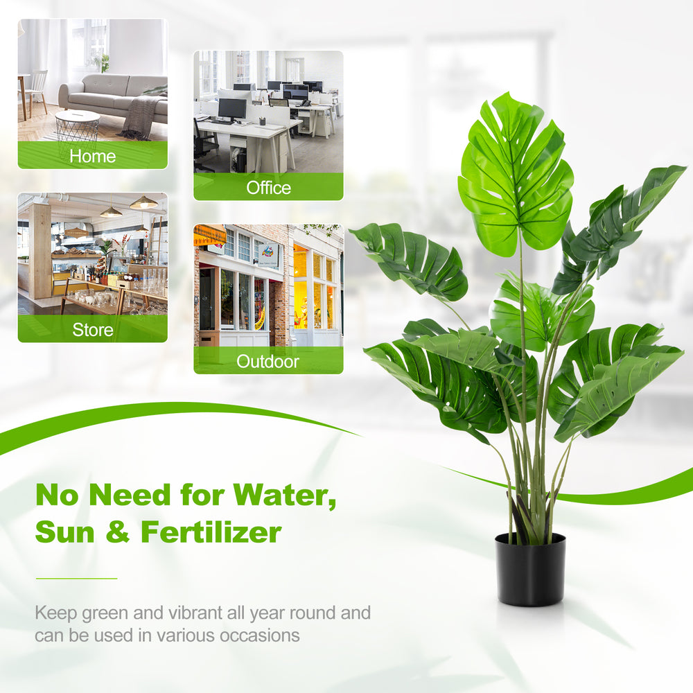Artificial Monstera Deliciosa tree with 10 adjustable leaves in a solid pot, perfect for home, office, or outdoor decor.