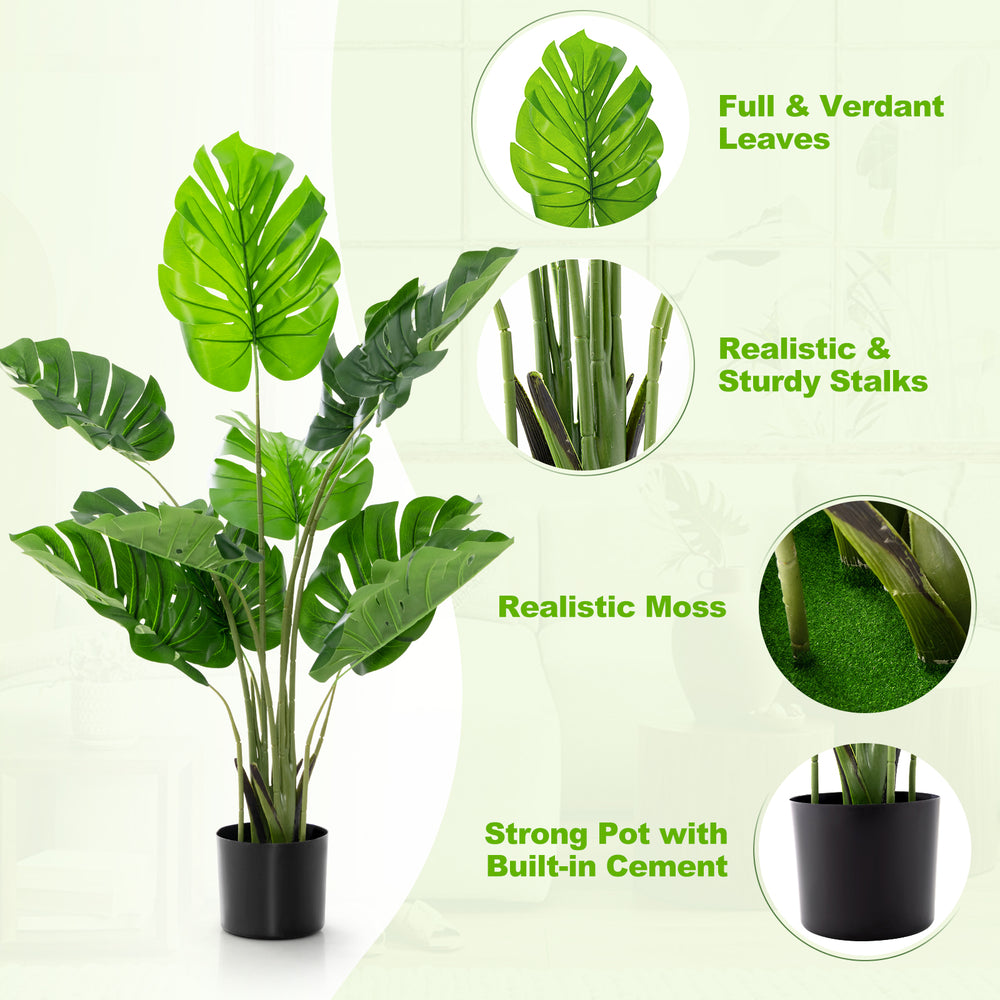 Artificial Monstera Deliciosa tree with 10 leaves in a sturdy pot, perfect for indoor or outdoor decoration.