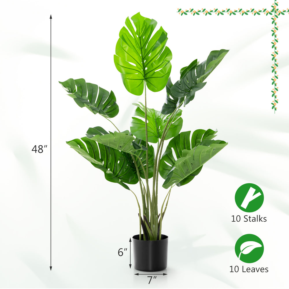 Artificial Monstera Deliciosa tree with 10 leaves, 48" tall, PEVA material, perfect for indoor and outdoor decoration.
