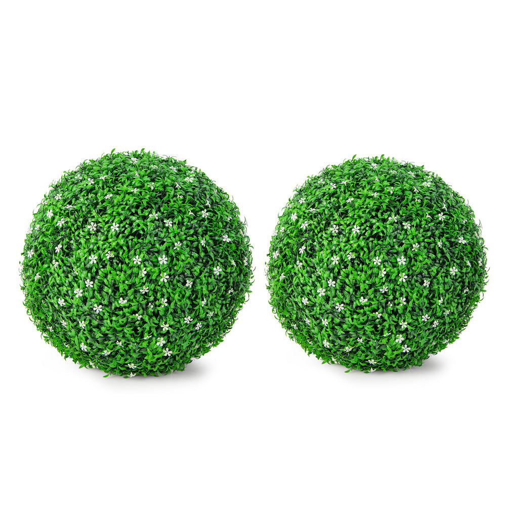 Two 19.5-inch faux boxwood topiary balls with white flowers, made of UV-proof PE material for indoor or outdoor use.