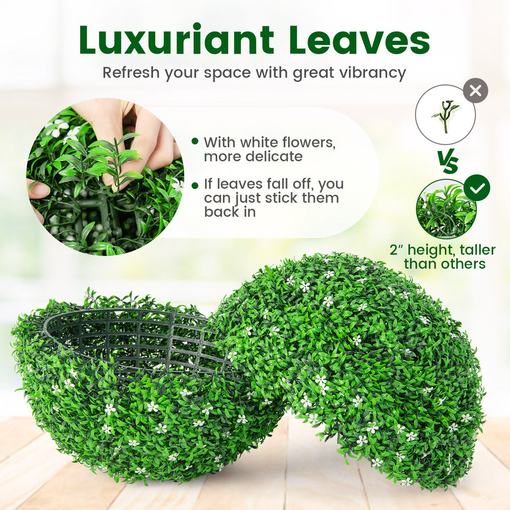 Artificial topiary ball with lush green leaves and white flowers, made of UV-proof PE material for vibrant indoor or.