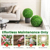 Two 19.5-inch faux boxwood topiary balls in a bright indoor setting, perfect for effortless maintenance and vibrant.