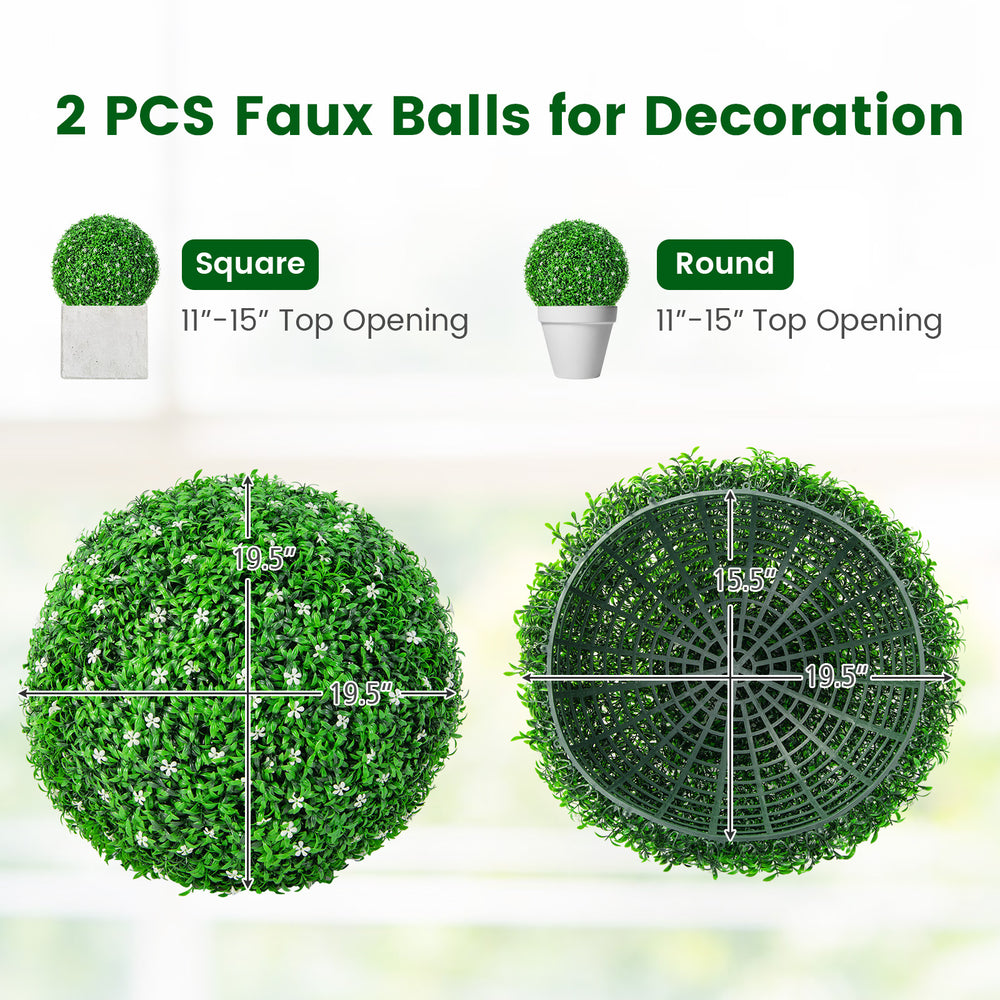 Two 19.5-inch faux boxwood topiary balls in round and square shapes, perfect for indoor and outdoor decoration.