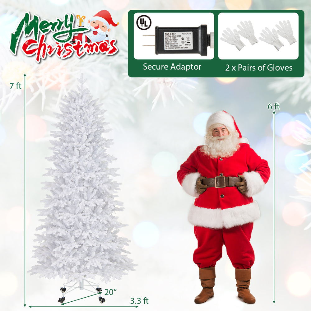 7 FT artificial Xmas tree with 1880 PE PVC branch tips, featuring a hinged structure for easy setup and storage.