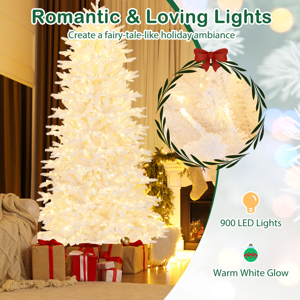 7 FT artificial Xmas tree with 1880 flocked branch tips and warm white glow lights, perfect for holiday ambiance.