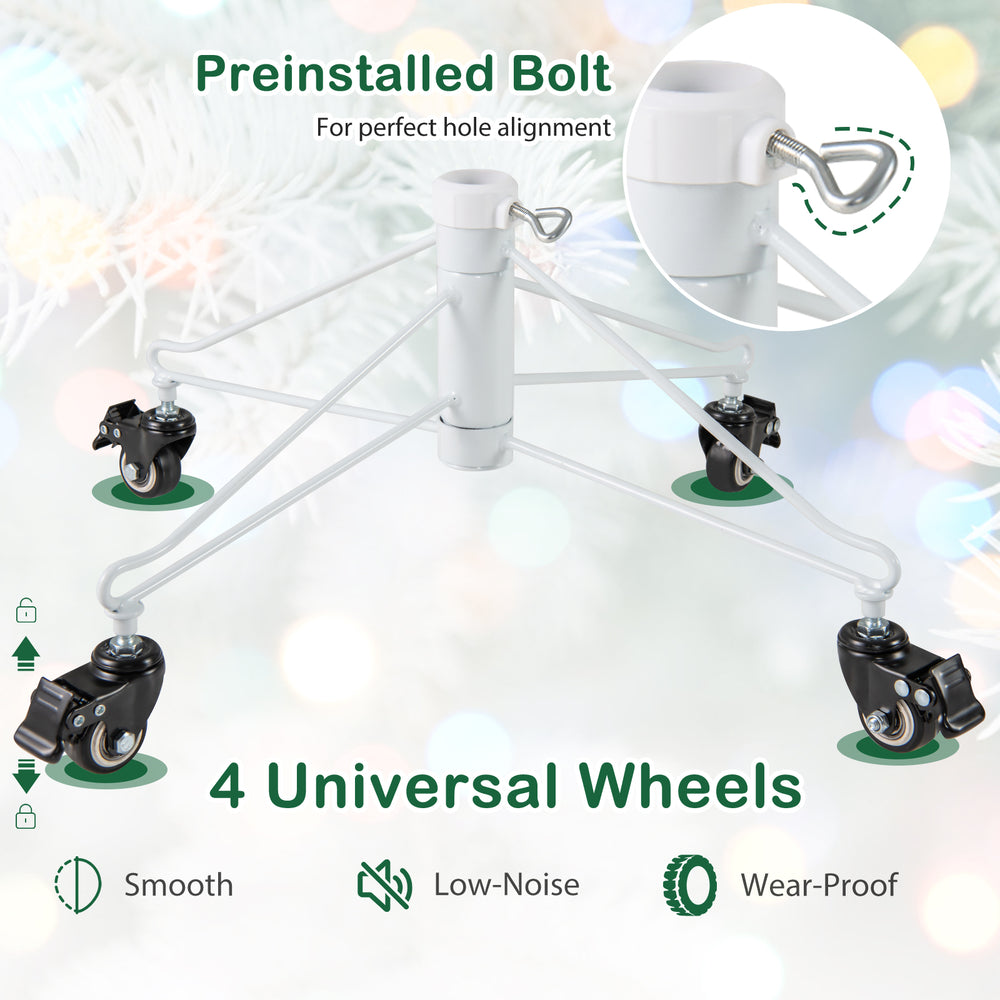 Close-up of the 4 universal wheels with brakes on the 7 FT artificial Xmas tree for easy movement and stability.