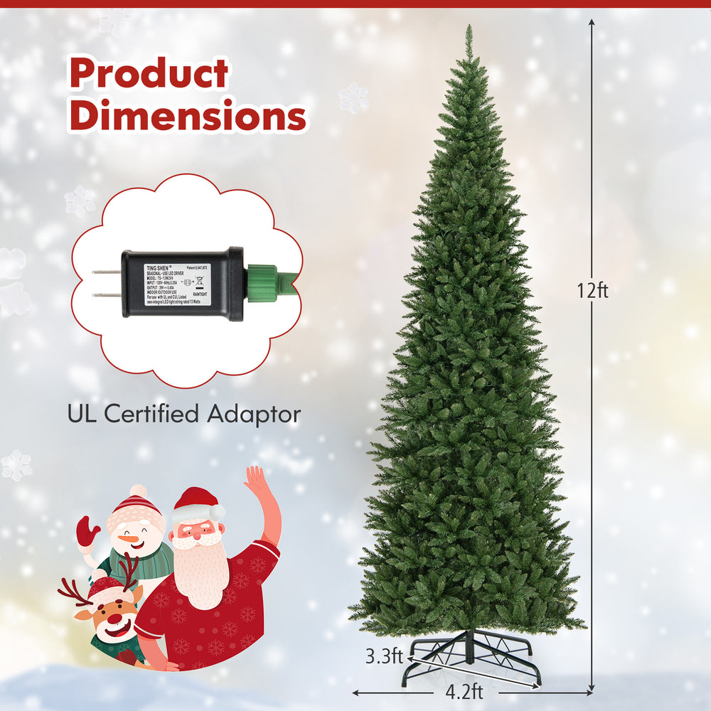 12 FT artificial Christmas tree with 800 warm white LED lights, featuring a metal base and lush branch tips for festive.