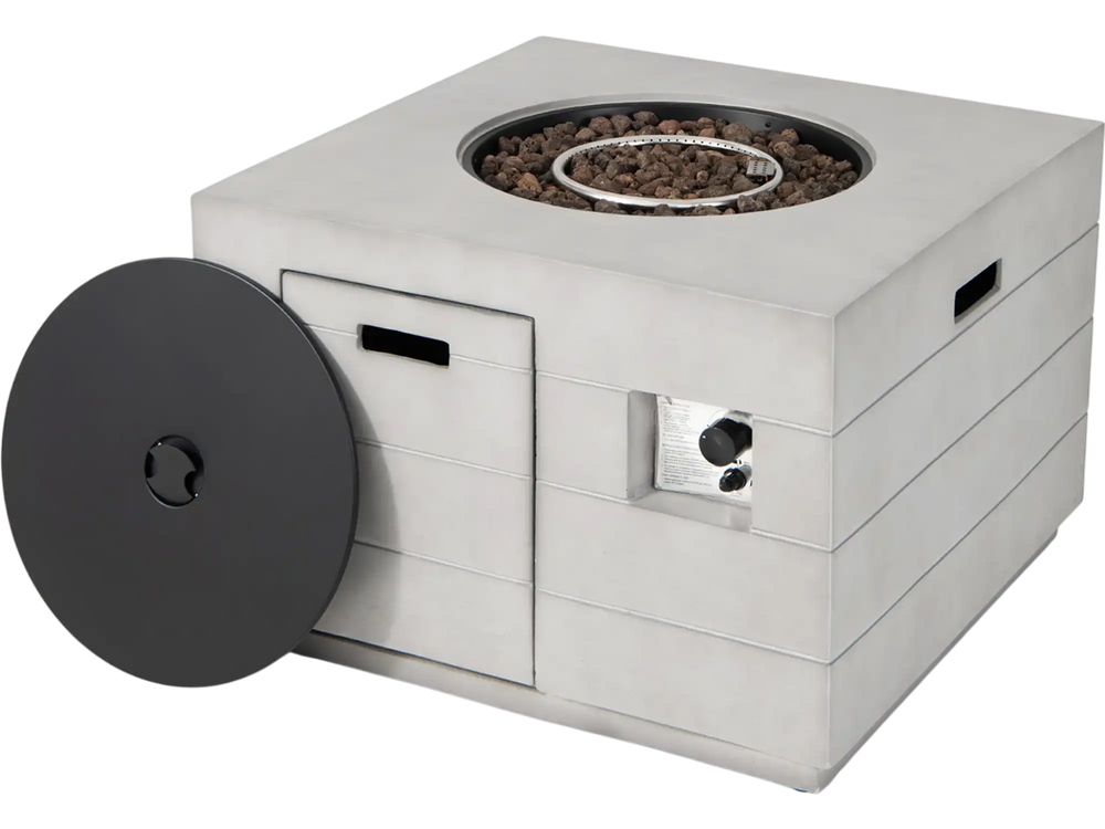 Square concrete propane fire pit table with lava rocks, 50,000 BTU, and concealed storage for outdoor patio use.