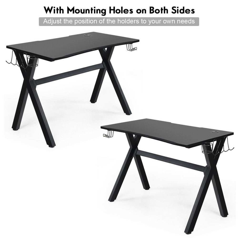 Ergonomic gaming desk with PVC carbon fiber surface, cup holder, and headphone hook for organized gaming setup.