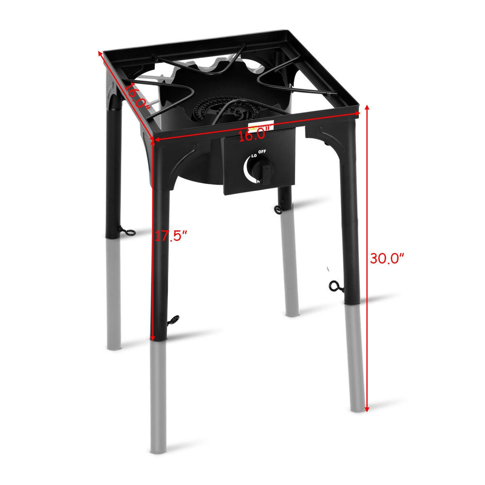 Dimensions of the 100,000 BTU portable propane outdoor camp stove, featuring adjustable legs for convenience and.