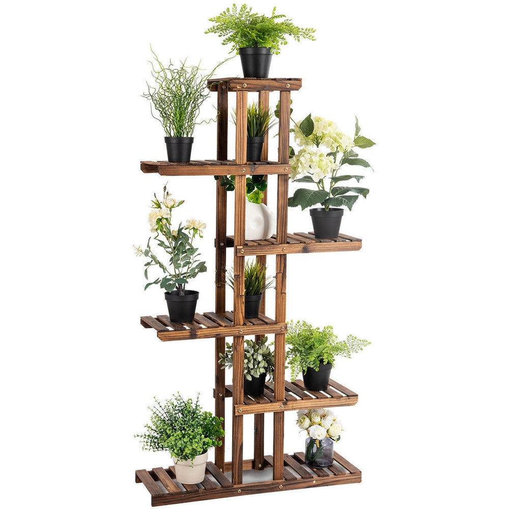 6-tier wooden plant rack stand showcasing various potted plants, ideal for indoor or outdoor use on patios or balconies.