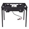 Front view of the 150,000 BTU double burner outdoor stove showcasing its rugged design and cooking surface for outdoor.
