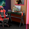 Ergonomic gaming desk with PVC carbon fiber surface, cup holder, and headphone hook, ideal for organizing gaming gear.